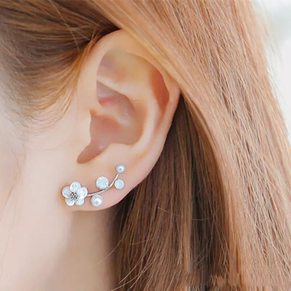 “Floral Dreams” Japanese Cherry Blossom Minimalist Spring Pearl/Diamond Earrings - Picture 6 of 6
